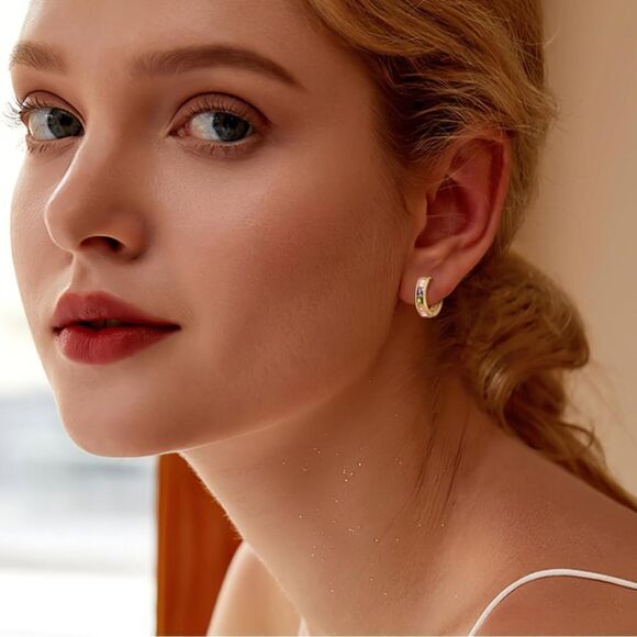 14K Yellow Gold with Multicolored Cubic Zirconia Princess Cut Huggie Earrings - Picture 5 of 5